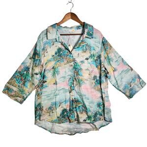 C&C California Linen Blend Button Up Shirt 2X Plus Women Beach 3/4 Sleeve NEW